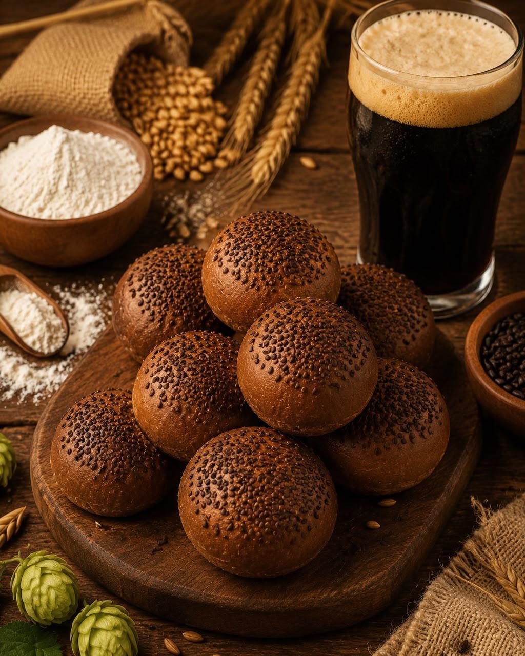Assadeira com pães de hambúrguer dourados, recém-saídos do forno, ainda nas formas