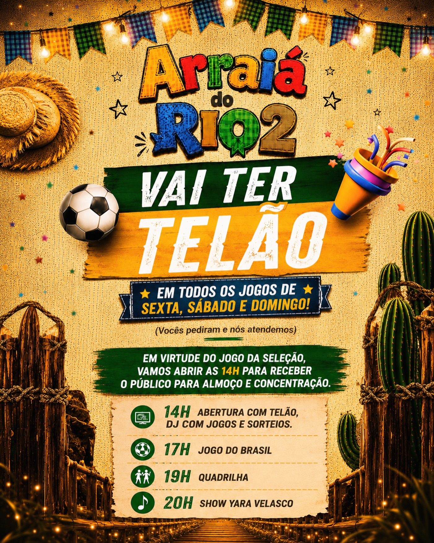 🌽 Acompanhe como será a nossa programação especial de domingo! 🕤
Vai ter arraiá e Vai ter Brasil no telão nesse domin