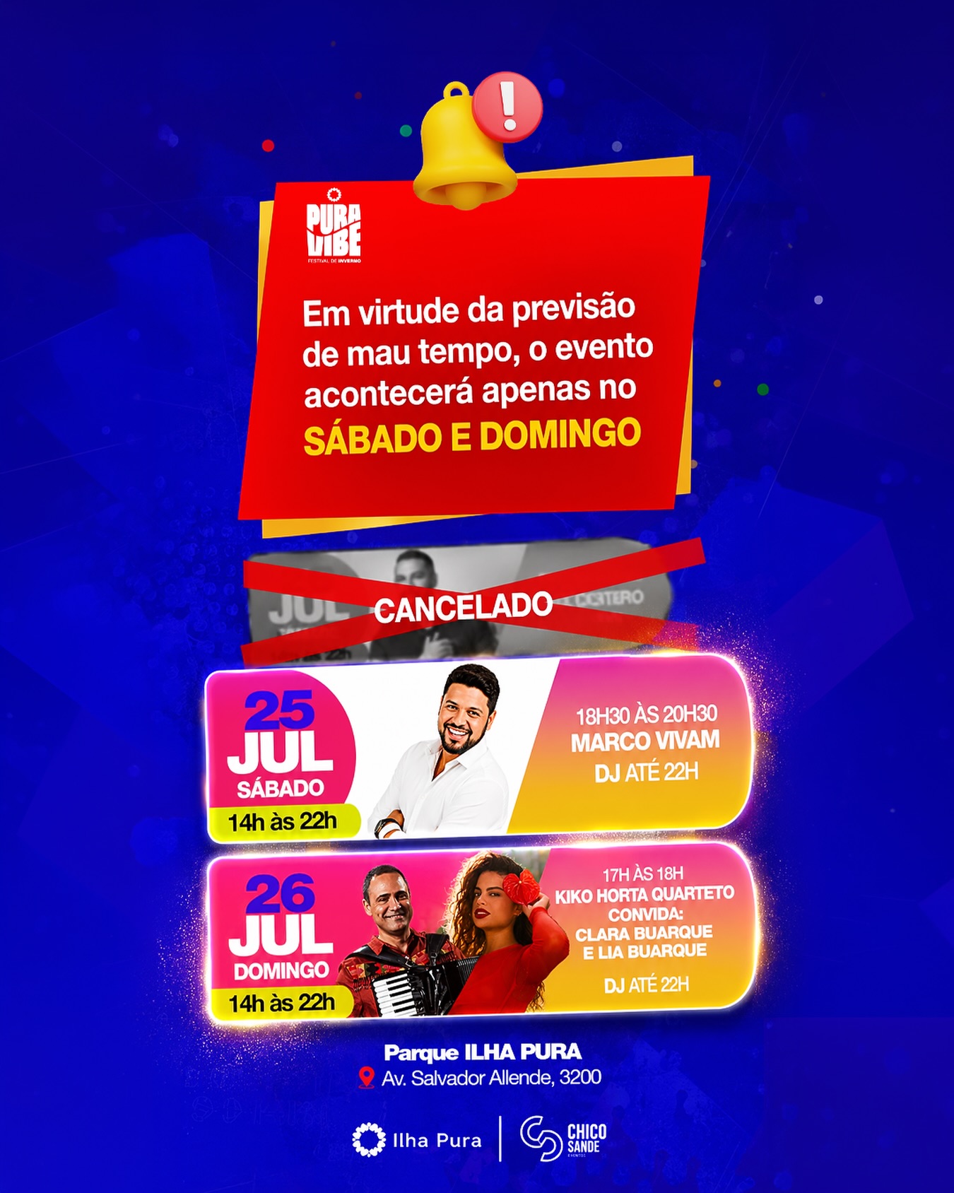 ⚠️ COMUNICADO IMPORTANTE
Pensando na segurança de todos e em razão da previsão de mau tempo, a programação do Festival
